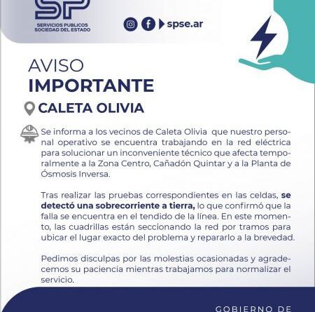 Caleta Olivia: Trabajan en la detección de una falla en la línea eléctrica que afecta a la zona centro y sectores aledaños
